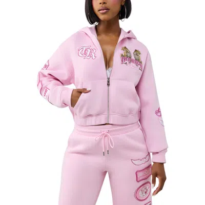 True Religion Varsity Crystal Full Zip Hoodie In Pink