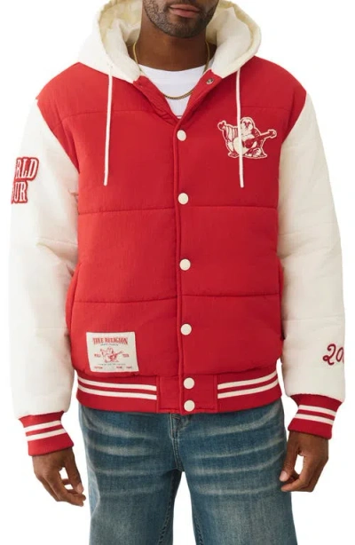 True Religion Varsity Hooded Puffer Jacket In Multi