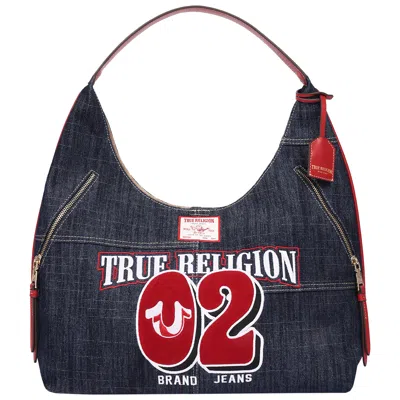 True Religion Varsity Logo Zip Pocket Denim Hobo Bag - Dark Denim Shoulder Purse In Blue