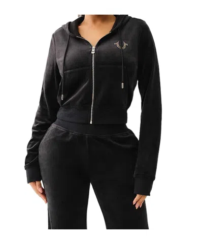 True Religion Velour Crystal Shrunken Zip Hoodie In Black