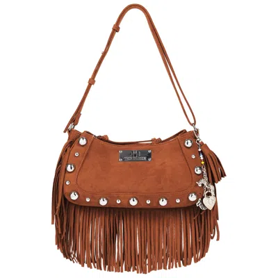 True Religion Vintage Dangle Fringe Hobo Bag With Studded Trim And Charm Accents In Brown