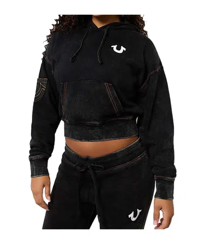 True Religion Vintage Wash Logo Crop Hoodie In Black