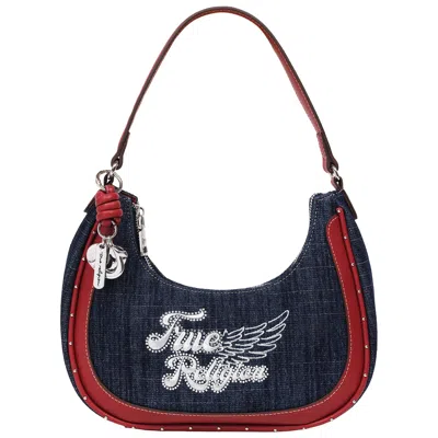True Religion Wing Motif Denim Hobo Bag With Red Trim