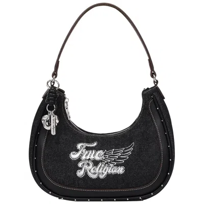 True Religion Wing Motif Denim Hobo Bag With Red Trim In Black