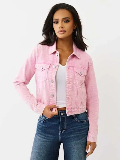 True Religion Women's Acid Wash Cropped Trucker Jacket In Pink