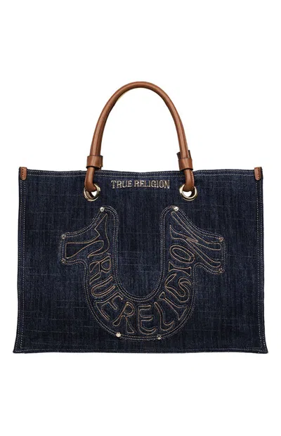 True Religion Women's Andi Horseshoe Applique Denim Tote Bag In Dark Denim In Blue