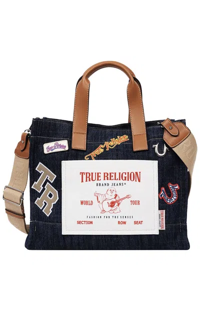 True Religion Women's Andy Dark Denim Multi Patch Medium Tote Bag In Blue