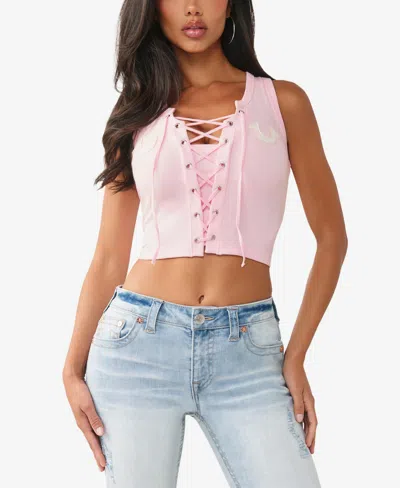 True Religion Women's Applique Lace Up Rib Tank Top In Pink