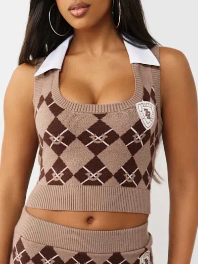 True Religion Women's Argyle Cropped Sweater Vest In Brown