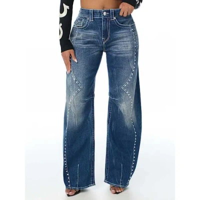 True Religion Women's Bailey Mid Rise Western Big T Flap Barrel Jean In Blue