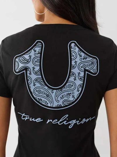 True Religion Women's Bandana Horseshoe V Neck T-shirt In Black