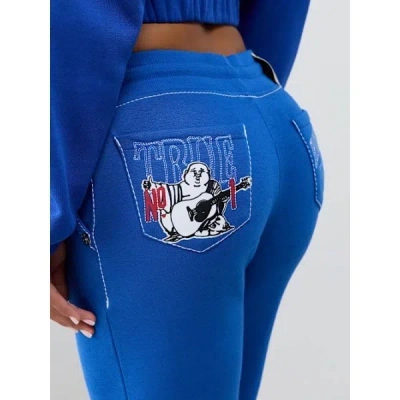 True Religion Women's Becca Low Rise Big T Cargo Bootcut Sweatpant In Blue