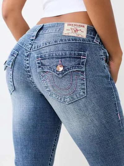 True Religion Women's Becca Mid Rise Big T Flap Bootcut Jean In Blue