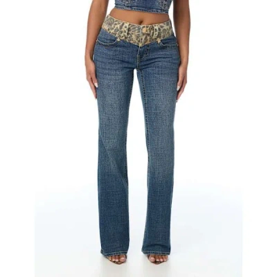 True Religion Women's Becca Mid Rise Leopard Block Flap Bootcut Jean In Blue