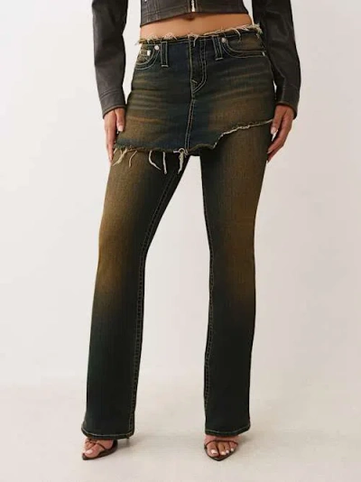 True Religion Women's Becca Mid Rise Skirt Overlay Bootcut Jean In Green