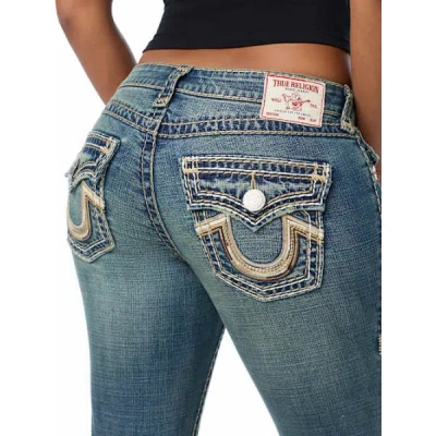 True Religion Women's Becca Mid Rise Super T Faux Leather Horseshoe Flap Bootcut Jean In Blue