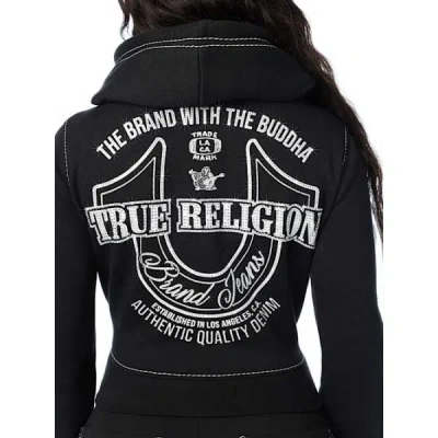 True Religion Women's Big T Crystal Horseshoe Shrunken Zip Hoodie In Black