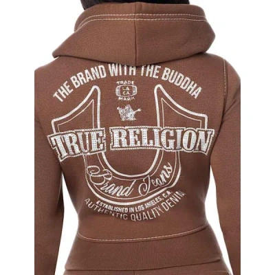 True Religion Women's Big T Crystal Horseshoe Shrunken Zip Hoodie In Brown