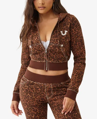 TRUE RELIGION WOMEN'S BIG T CRYSTAL LEOPARD SHRUNKEN HOODIE