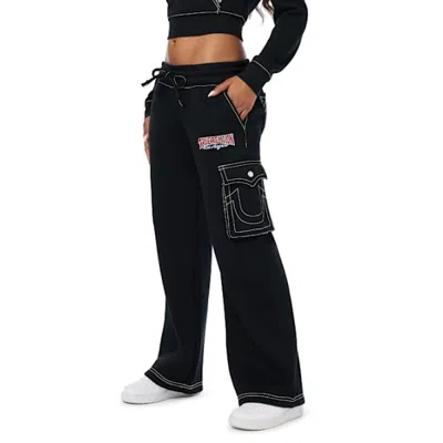 True Religion Women's Big T Low Rise Cargo Wide Leg Baggy Sweatpant In Black