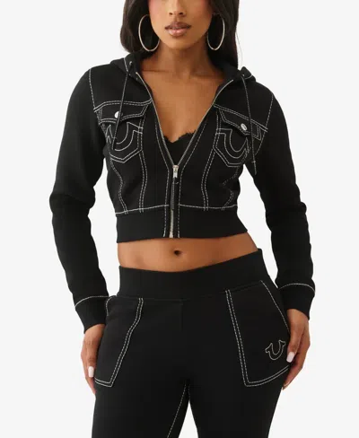 True Religion Women's Big T Shrunken Zip Hoodie In Black