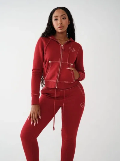 True Religion Women's Big T Stitch Logo Zip Hoodie In Burgundy
