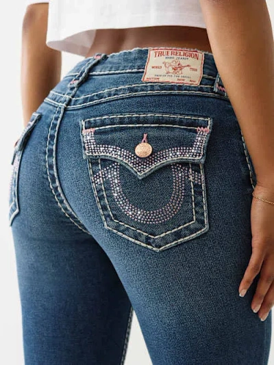 True Religion Women's Billie Crystal Horseshoe Super T Straight Jean In Blue