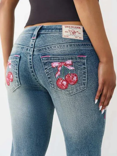 True Religion Women's Billie Mid Rise Crystal Cherry Straight Jean In Blue