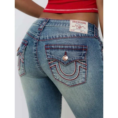 True Religion Women's Billie Mid Rise Double Horseshoe Big T Flap Straight Jean In Blue