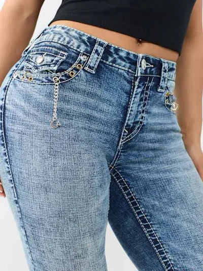 True Religion Women's Billie Mid Rise Pierced Big T Flap Straight Jean In Blue