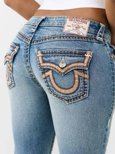 True Religion Women's Billie Mid Rise Super T Appliqué Flap Straight Jean In Blue