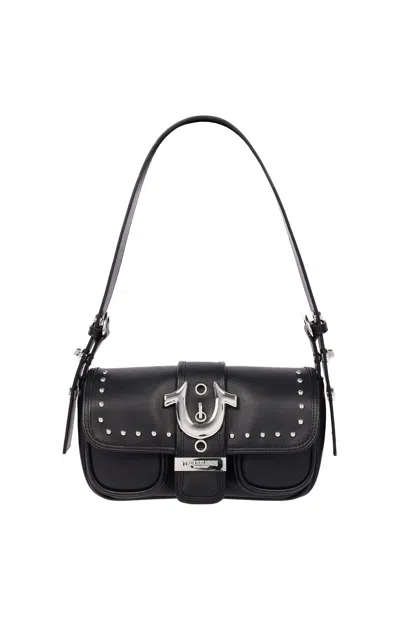 True Religion Women's Black Smooth Moto Studded Shoulder Bag