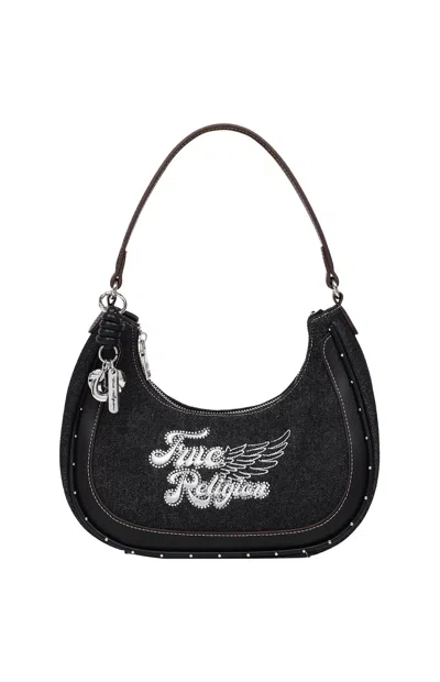 True Religion Women's Black Wing Motif Denim Hobo Bag