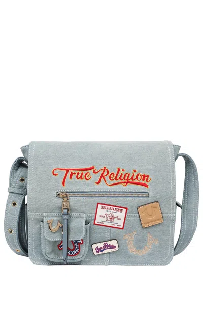 True Religion Women's Blue Denim Multi Patch Messenger Bag In Denim Blue