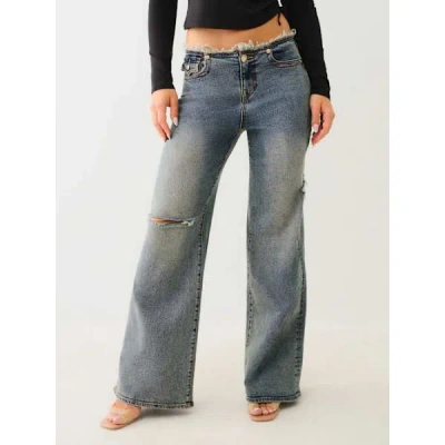 True Religion Women's Bobbi Frayed Low Rise Baggy Jean In Blue