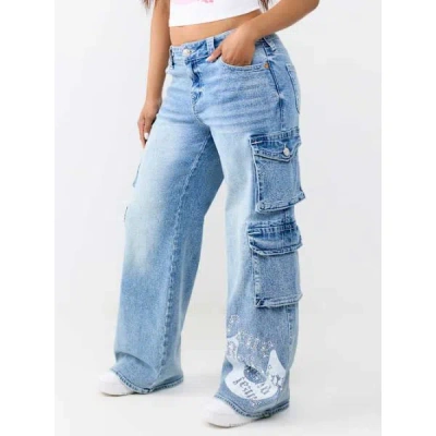 True Religion Women's Bobbi Mid Rise Baggy Cargo Jean In Blue