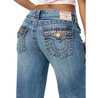 True Religion Women's Bobbi Mid Rise Big T Crystal Flap Baggy Jean In Blue