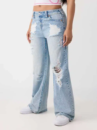 True Religion Women's Bobbi Mid Rise Big T Distressed Baggy Jean In Blue