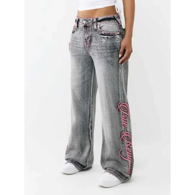 True Religion Women's Bobbi Mid Rise Big T Script Flap Baggy Jean