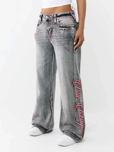 True Religion Women's Bobbi Mid Rise Big T Script Flap Baggy Jean In Gray