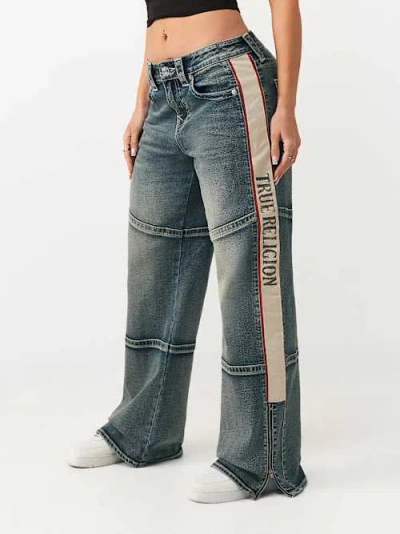 True Religion Women's Bobbi Mid Rise Contrast Panel Baggy Jean In Blue