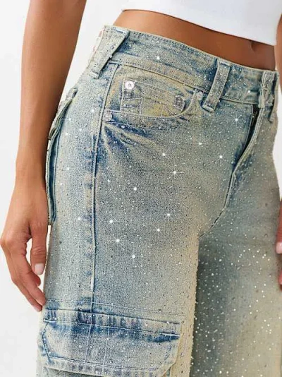 True Religion Women's Bobbi Mid Rise Crystal Flap Baggy Cargo Jean In Blue