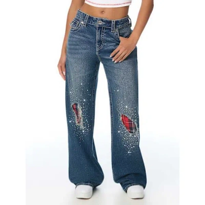 True Religion Women's Bobbi Mid Rise Crystal Plaid Big T Flap Baggy Jean In Blue