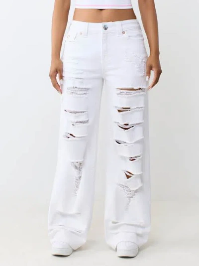 True Religion Women's Bobbi Mid Rise Destroyed Baggy Flap Jean In White