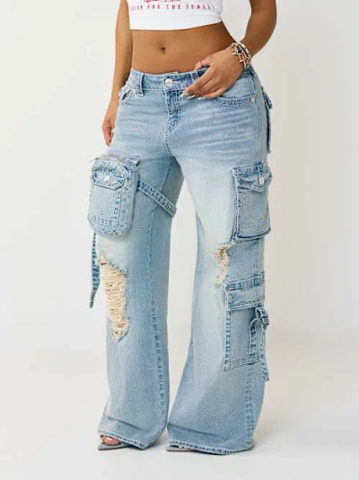 True Religion Women's Bobbi Mid Rise Detachable Cargo Pocket Baggy Jean In Blue