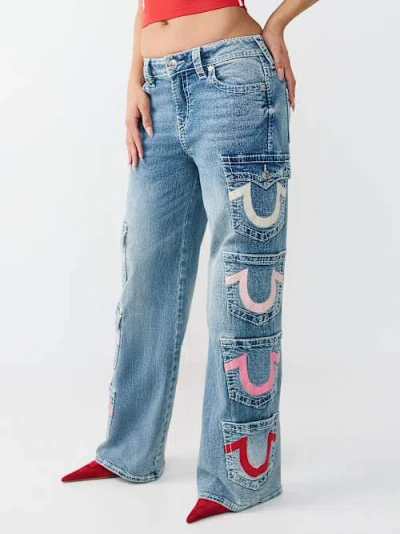 True Religion Women's Bobbi Mid Rise Multi-pocket Big T Baggy Jean In Blue
