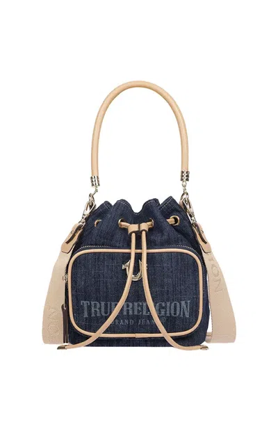 True Religion Women's Bryce Denim And Faux Leather Bucket Bag In Dark Denim In Blue