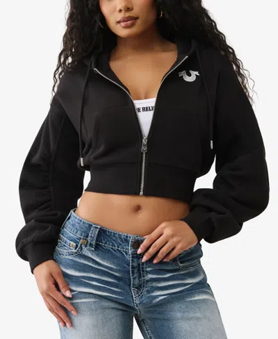 True Religion Ruched Sleeve Logo Zip Hoodie In Black