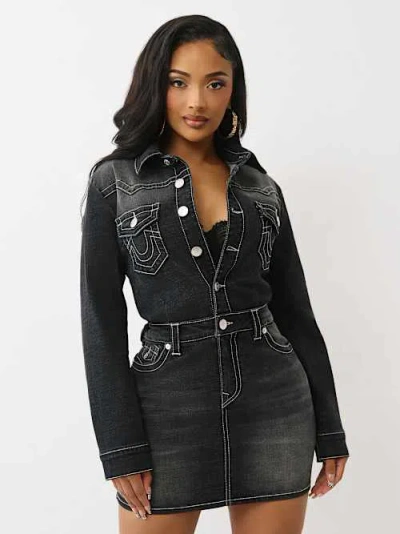 True Religion Women's Button Up Long Sleeve Denim Dress In Blue