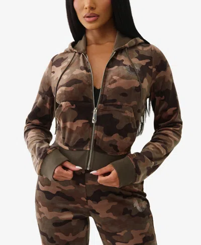 True Religion Women's Camo Velour Shrunken Hoodie In Brown